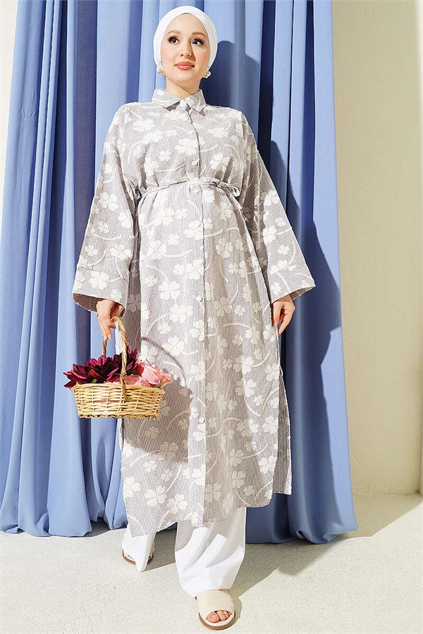 Long Tunic with Floral Embossing and Drawstring Belt, Burgundy