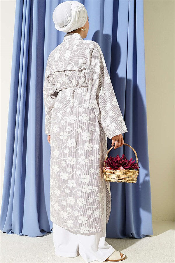 Long Tunic with Floral Embossing and Drawstring Belt, Burgundy