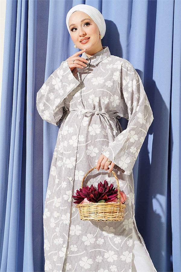 Long Tunic with Floral Embossing and Drawstring Belt, Burgundy