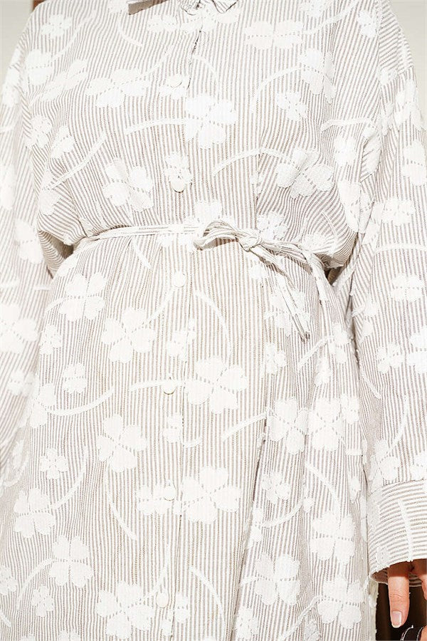 Long Tunic with Floral Embossing and Drawstring, Brown