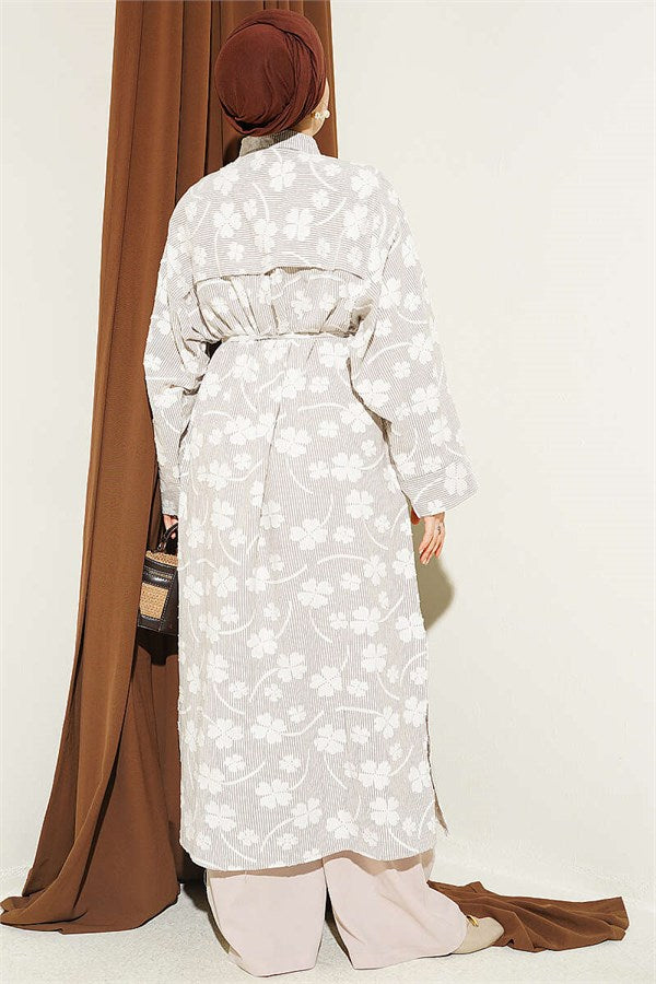Long Tunic with Floral Embossing and Drawstring, Brown