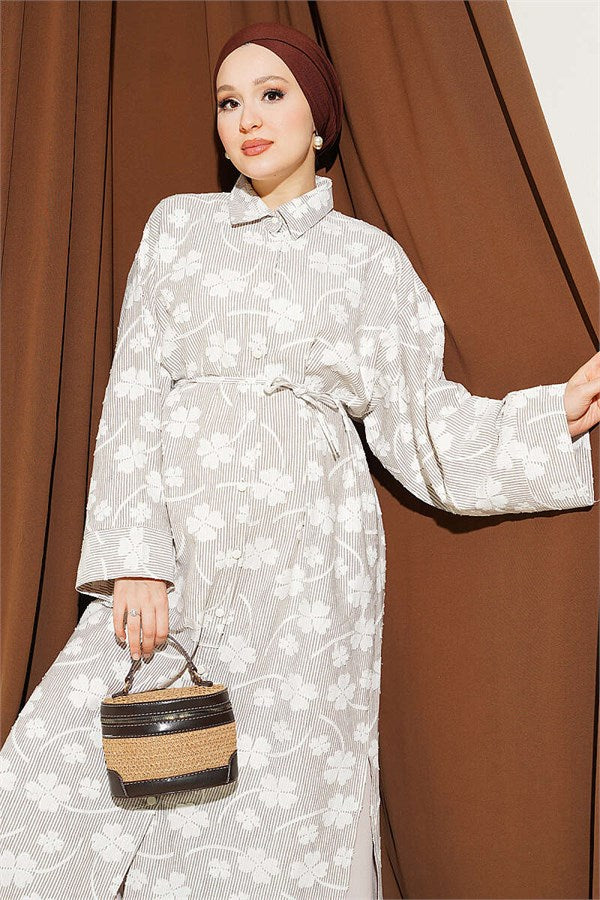 Long Tunic with Floral Embossing and Drawstring, Brown