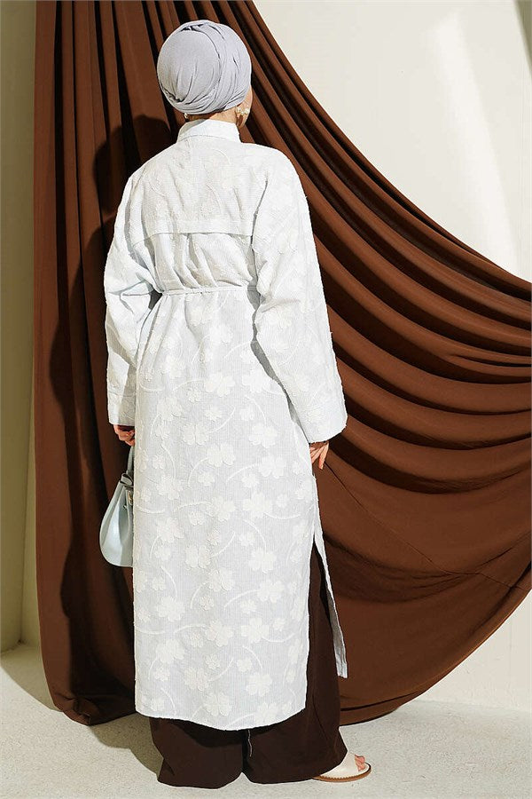 Long Tunic with Floral Embossing and Drawstring, Blue