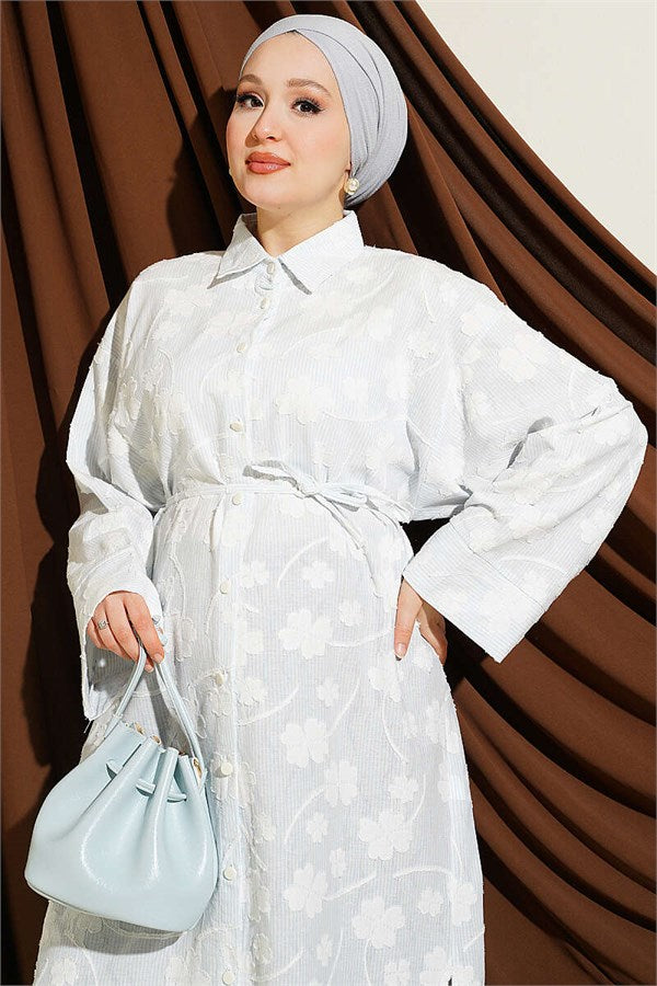 Long Tunic with Floral Embossing and Drawstring, Blue