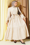 Floral Embossed Half-Button Dress Beige