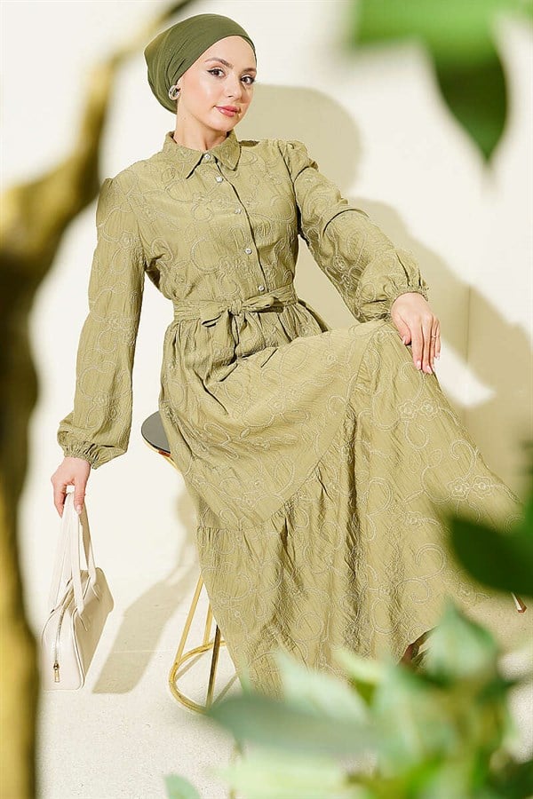 Floral Embossed Half-Button Dress in Sage Green