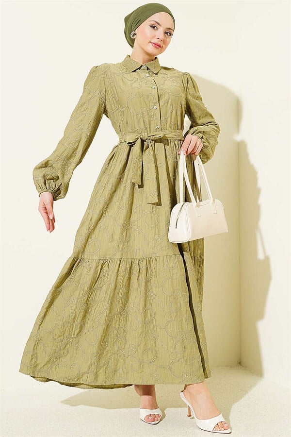 Floral Embossed Half-Button Dress in Sage Green