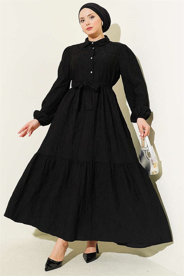 Black Half-Button Dress with Floral Embossing