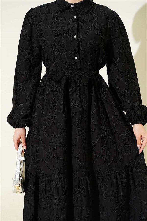 Black Half-Button Dress with Floral Embossing
