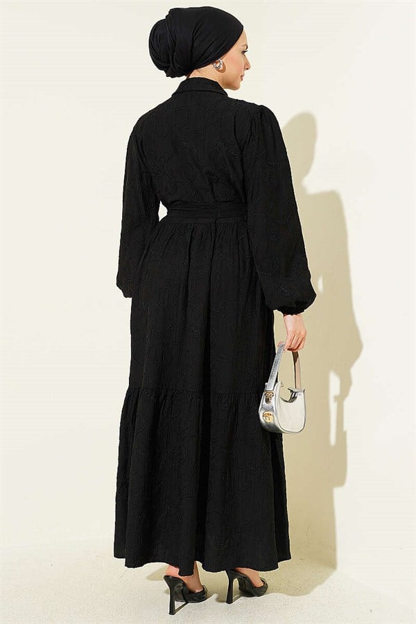 Black Half-Button Dress with Floral Embossing