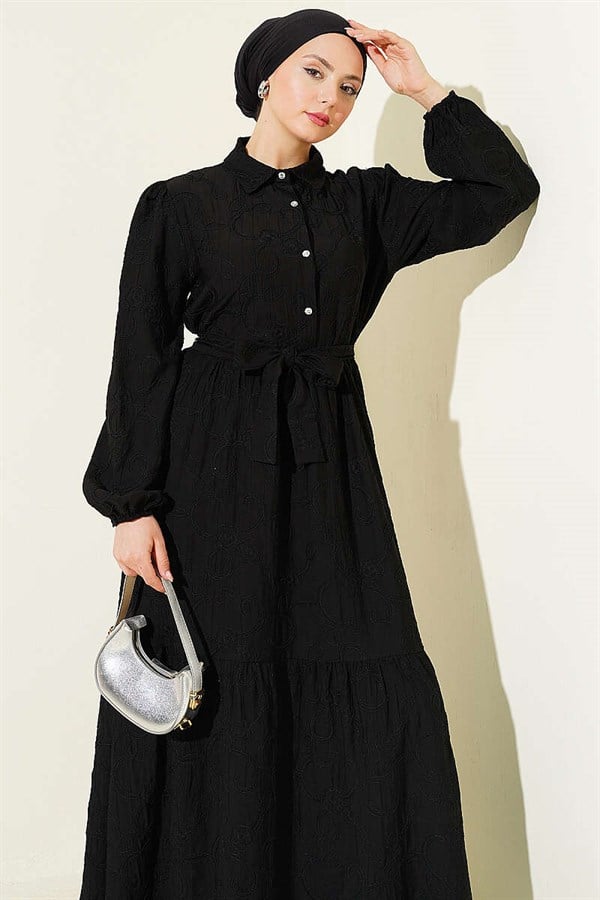 Black Half-Button Dress with Floral Embossing