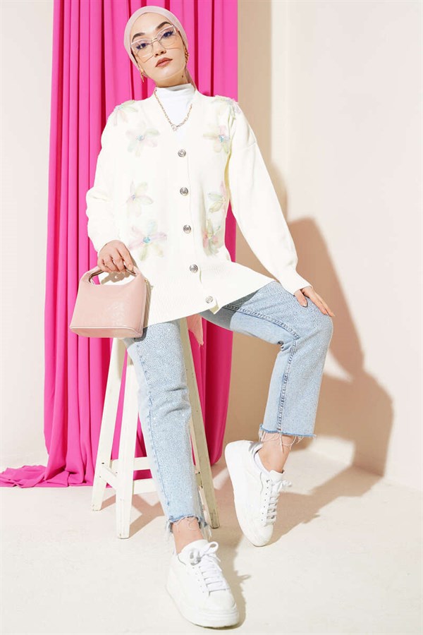 Floral Pattern Buttoned Knit Cardigan, Ecru Pink