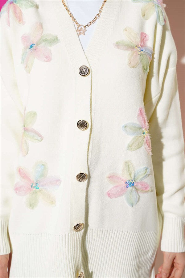 Floral Pattern Buttoned Knit Cardigan, Ecru Pink