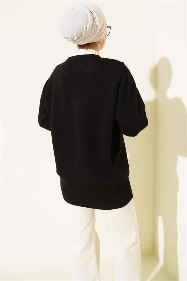 Floral Pattern Buttoned Knit Cardigan Black