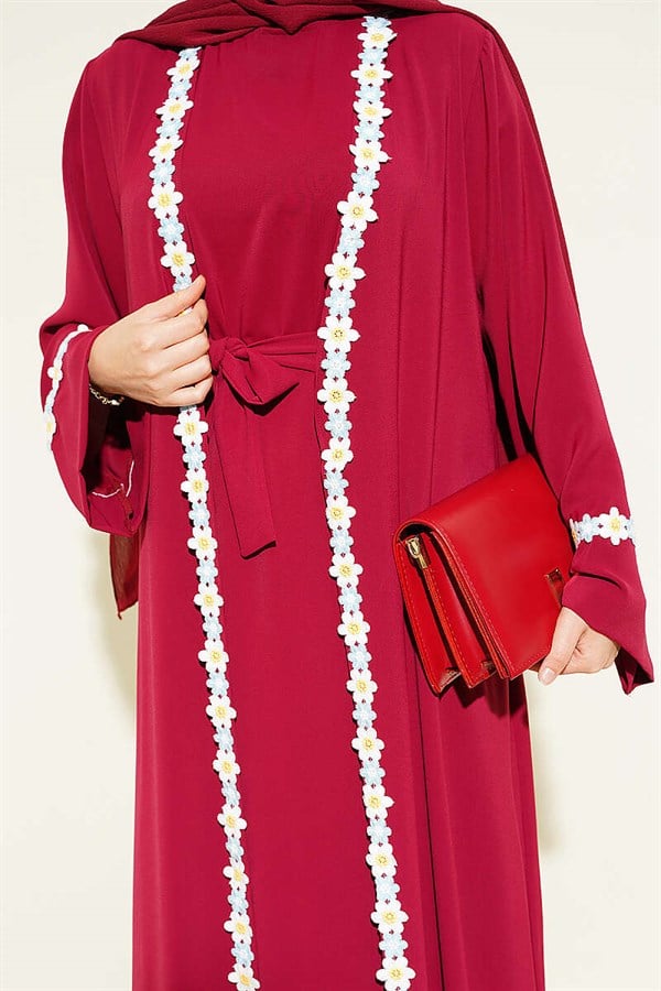 Burgundy Abaya with Floral Pattern and Belt