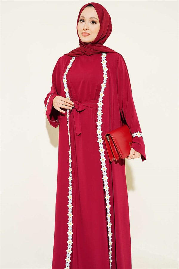 Burgundy Abaya with Floral Pattern and Belt