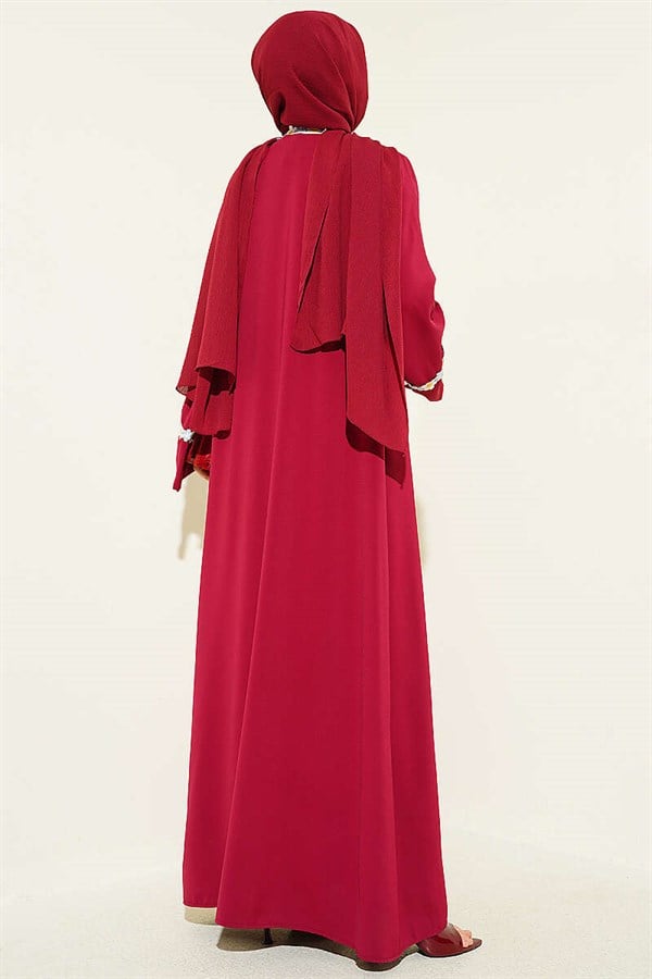 Burgundy Abaya with Floral Pattern and Belt