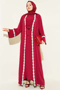 Burgundy Abaya with Floral Pattern and Belt