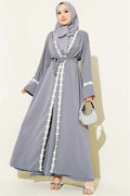 Gray Abaya with Floral Pattern and Belt