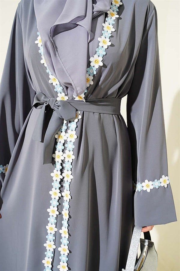 Gray Abaya with Floral Pattern and Belt