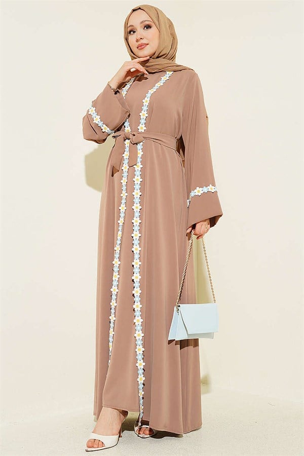 Floral Patterned Belted Abaya Latte