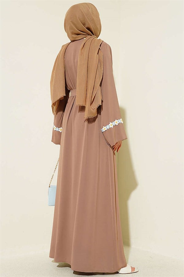 Floral Patterned Belted Abaya Latte