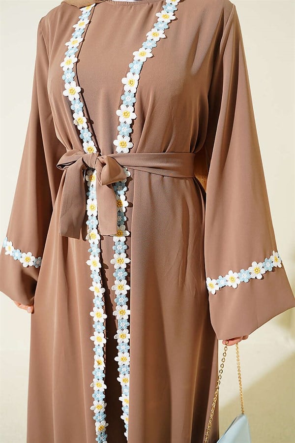 Floral Patterned Belted Abaya Latte