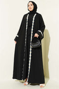 Black Abaya with Floral Pattern and Belt