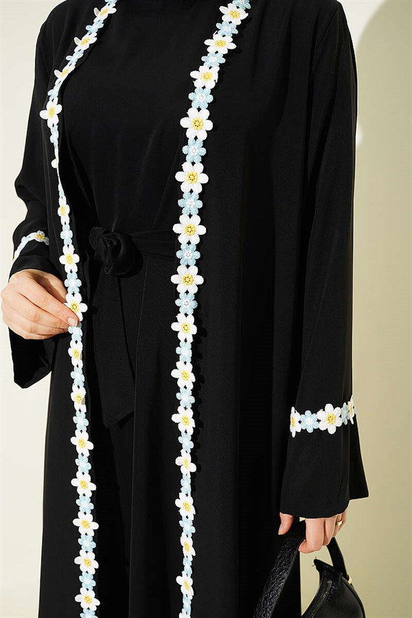 Black Abaya with Floral Pattern and Belt