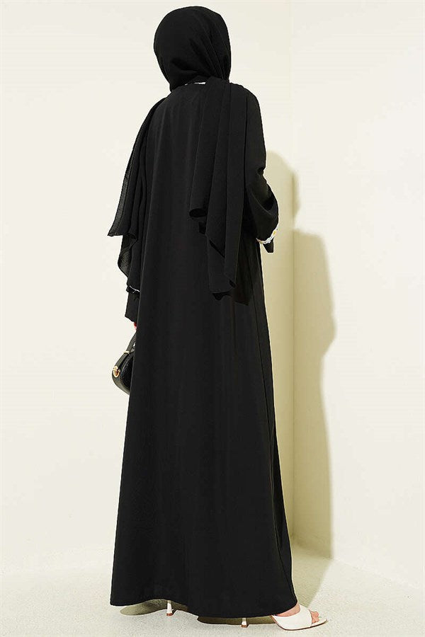 Black Abaya with Floral Pattern and Belt