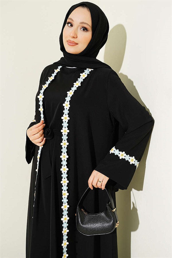 Black Abaya with Floral Pattern and Belt