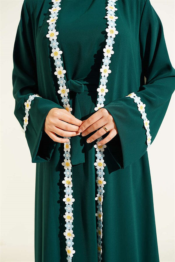 Floral Patterned Belted Abaya Emerald