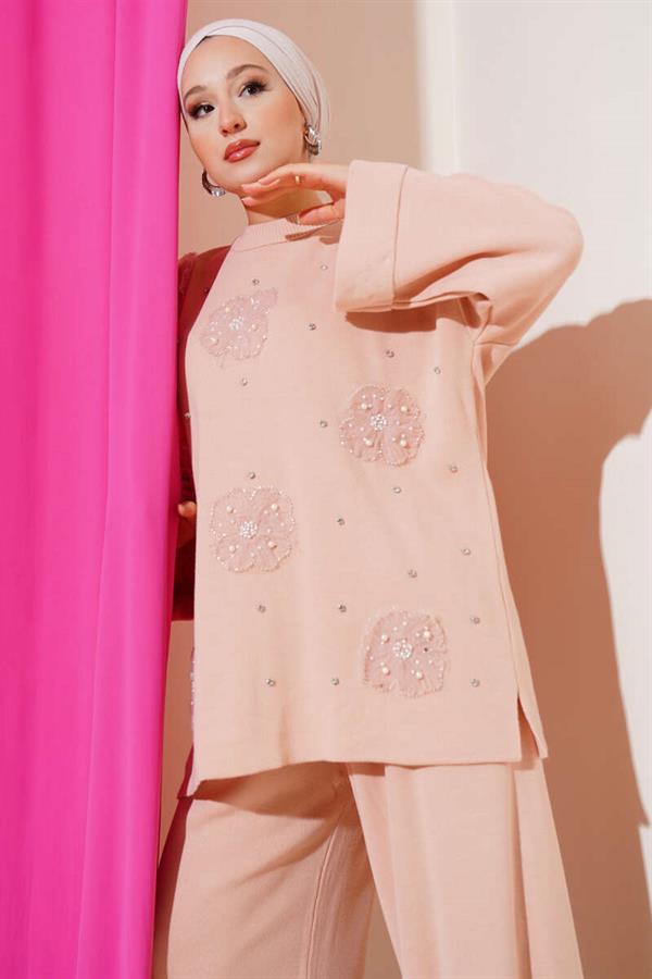 Floral Motif Knitwear 2 Piece Set Powder