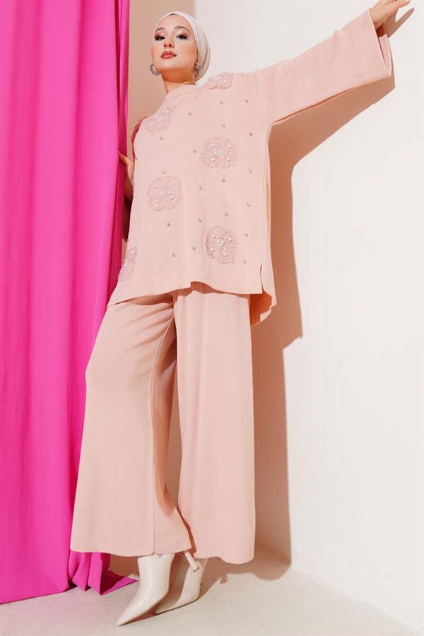 Floral Motif Knitwear 2 Piece Set Powder
