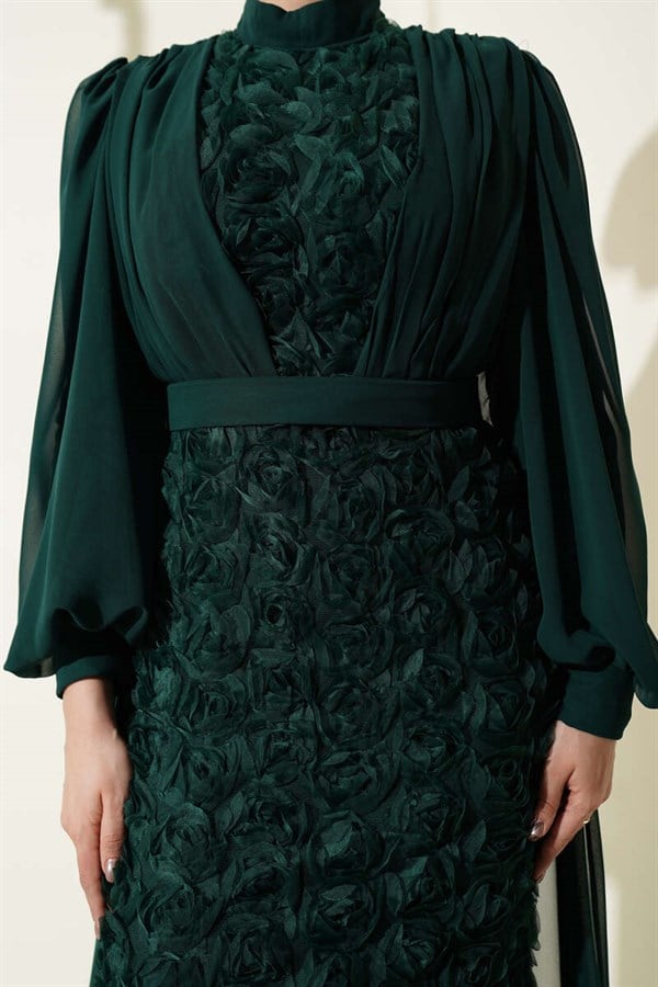 Emerald Green Evening Dress with Floral Patterned Tulle Cape