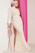 Cream Evening Dress with Floral Pattern and Tulle Cape
