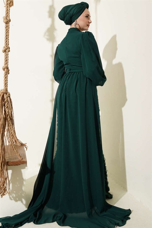 Emerald Green Evening Dress with Floral Patterned Tulle Cape