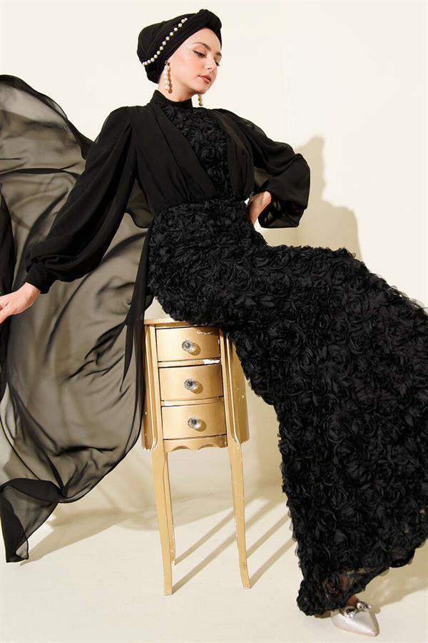 Floral Patterned Tulle Cape Evening Dress, Black