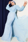 Floral Patterned Tulle Cape Evening Dress, Baby Blue