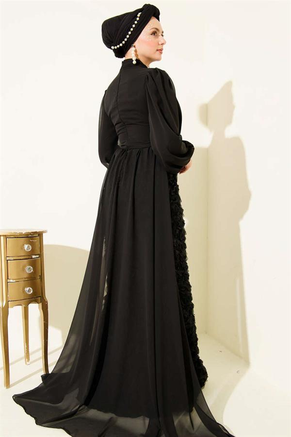 Floral Patterned Tulle Cape Evening Dress, Black