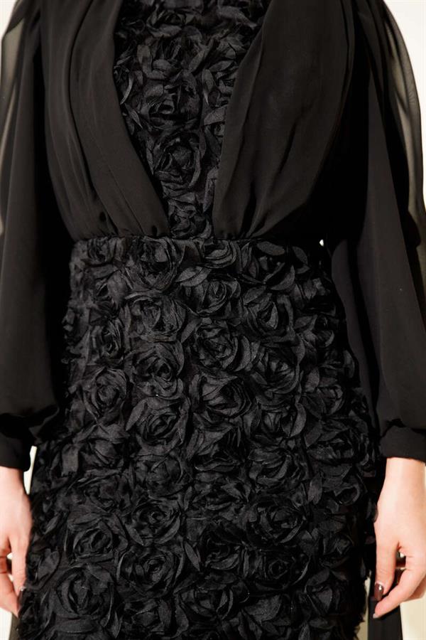 Floral Patterned Tulle Cape Evening Dress, Black