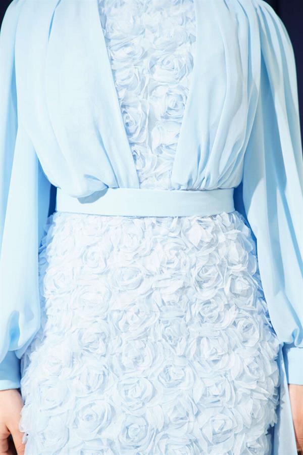 Floral Patterned Tulle Cape Evening Dress, Baby Blue