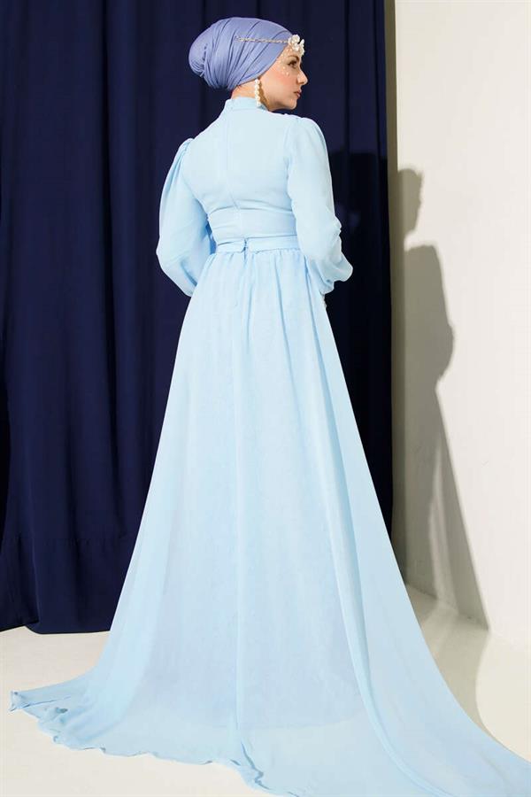 Floral Patterned Tulle Cape Evening Dress, Baby Blue