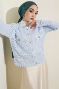 Floral Embroidered Openwork Short Knit Cardigan Baby Blue