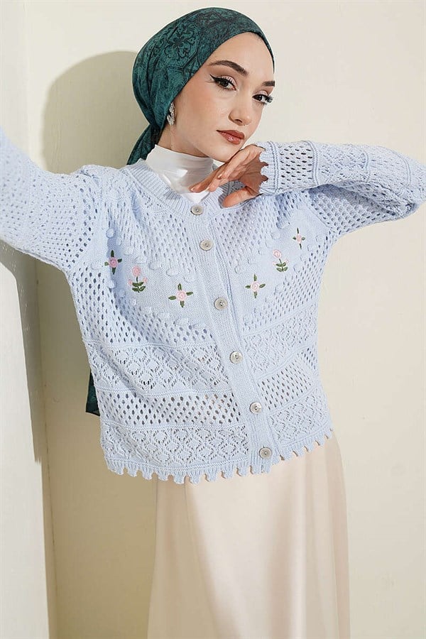 Floral Embroidered Openwork Short Knit Cardigan Baby Blue
