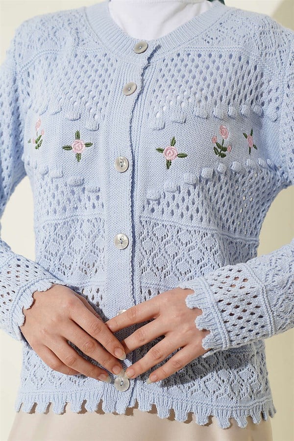 Floral Embroidered Openwork Short Knit Cardigan Baby Blue