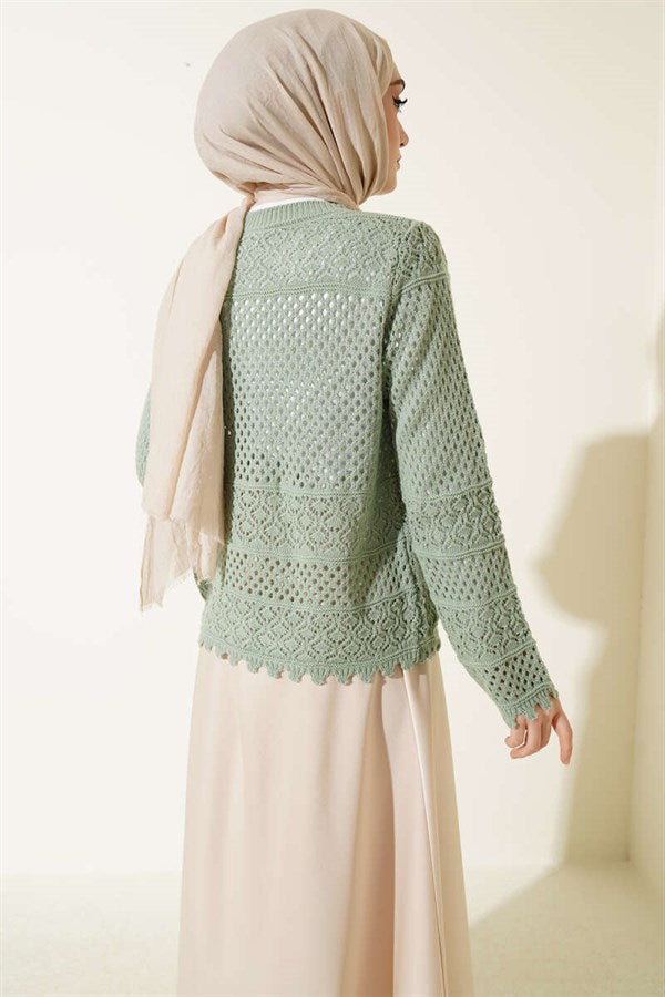 Floral Embroidered Openwork Short Knit Cardigan, Mint
