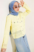 Floral Embroidery Openwork Short Knit Cardigan Yellow