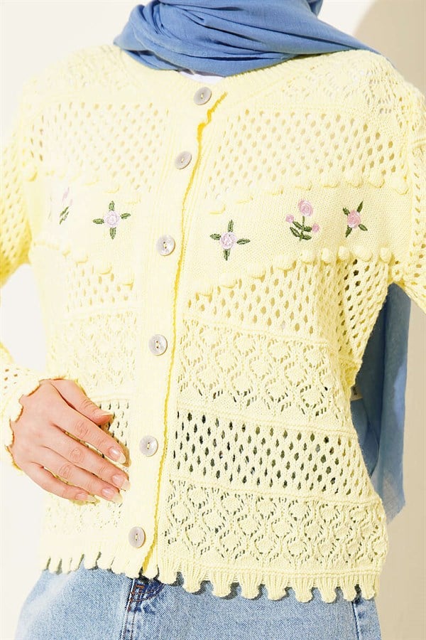 Floral Embroidery Openwork Short Knit Cardigan Yellow