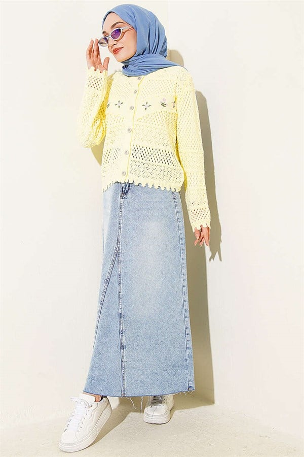 Floral Embroidery Openwork Short Knit Cardigan Yellow